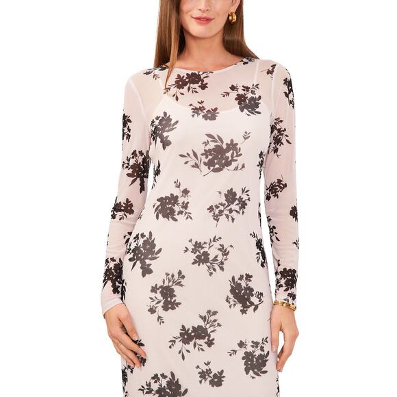Vince Camuto Floral Printed Long Sleeve Midi Dress Cream Black NWT Size Medium - Picture 3 of 9